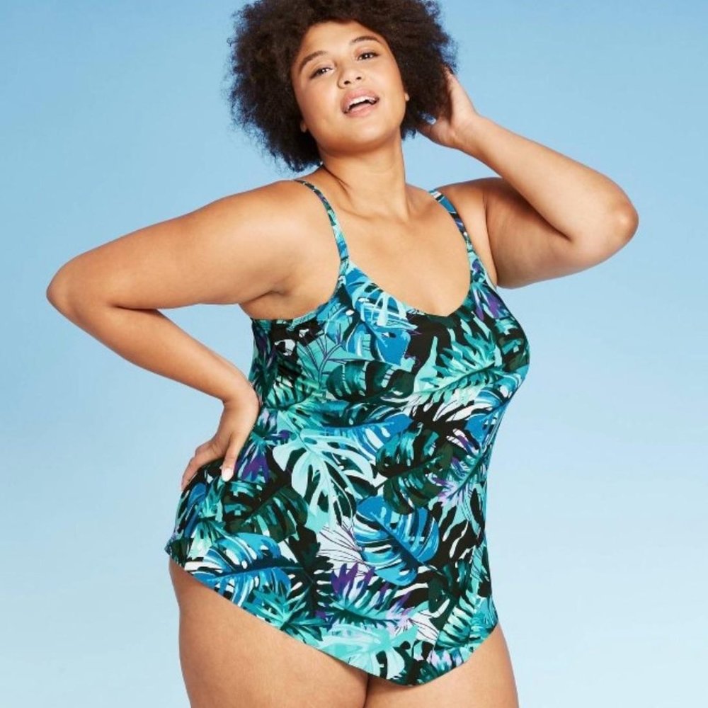 NEW Aqua Green Drape Neck Blue Leaf Tankini Top Size 20W